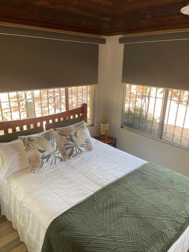 a large bed in a bedroom with two windows at Alice's Granny Flat in Alice Springs