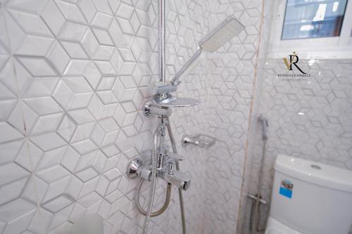 a shower in a bathroom next to a toilet at Résidence Vinelly in Douala