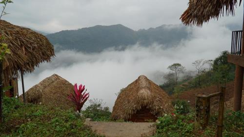 a group of huts on a hill with clouds in the background at Hoàng Su Phì - Móng Ngựa Homestay in Ha Giang