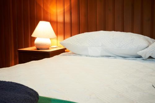 Residencial Roma Bed & Breakfast في ليما: سرير ووسادتين كبيرتين عليه بجانب لمبة