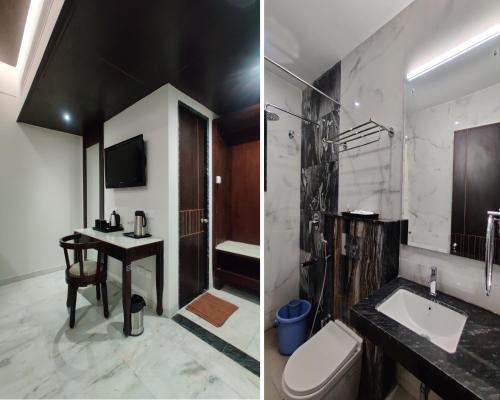 a bathroom with a sink and a toilet and a bathroom with a shower at Hotel Saratharajans in Madurai