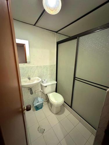 a bathroom with a toilet and a sink at Hotel San Diego DOSQUEBRADAS in Dosquebradas
