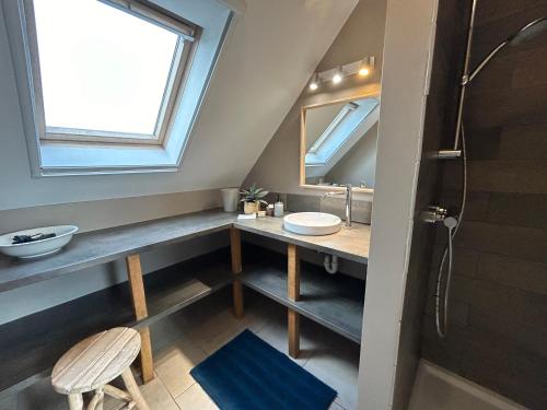 a bathroom with a sink and a mirror at Au Coeur des Collines, Gloriette in Ellezelles