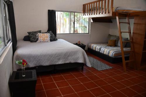 um quarto com uma cama e um beliche em la playita hostal em San José del Cabo