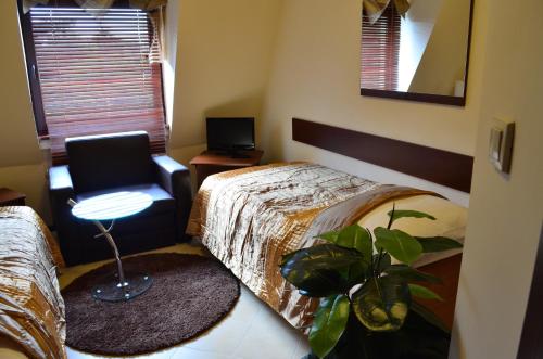 a bedroom with a bed and a chair and a plant at Camping Motel WOK in Warsaw