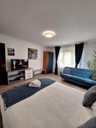 a bedroom with a large bed and a blue couch at Villa 38 Silviu Apartment in Bucharest