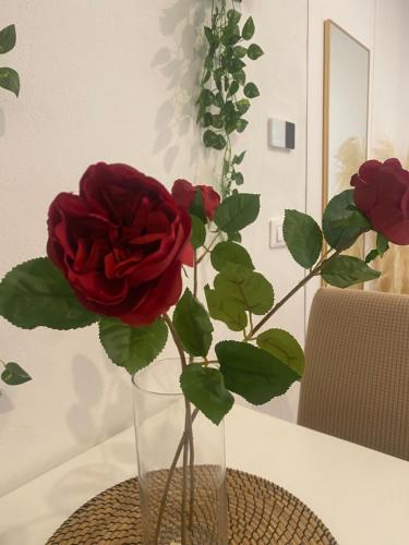 une rose rouge dans un vase sur une table dans l'établissement Stella Marina Luxury, à Polignano a Mare