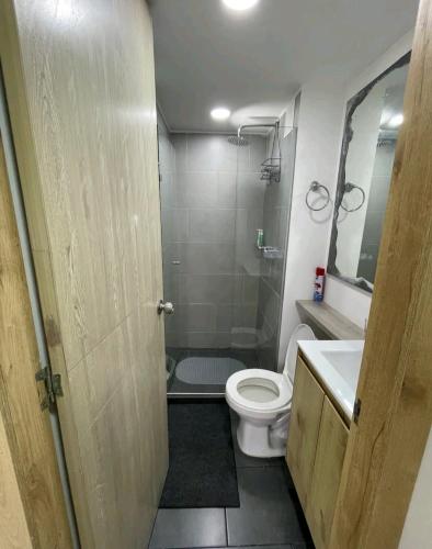 een badkamer met een toilet, een douche en een wastafel bij Roldan House in Sabaneta