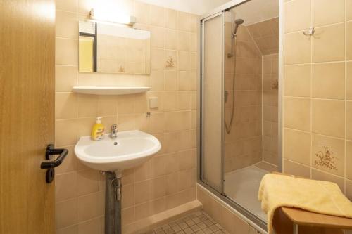 a bathroom with a sink and a shower at 93m2 Fewo mit 2 Schlafzimmern am Edersee in Scheid