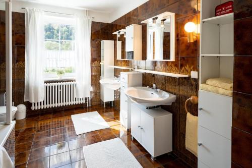 ein Bad mit einem Waschbecken und einem Spiegel in der Unterkunft Villa am Edersee in Hemfurth-Edersee