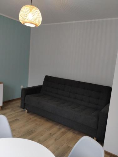 ein schwarzes Sofa im Wohnzimmer mit einem Tisch in der Unterkunft Apartament na Mazurach -Ryn in Ryn