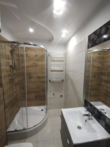 ein Bad mit einer Dusche und einem Waschbecken in der Unterkunft Apartament na Mazurach -Ryn in Ryn