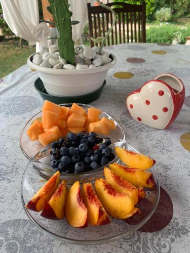 a table with a plate of fruit and a bowl of berries at La Casa di Biba in Massa Lombarda