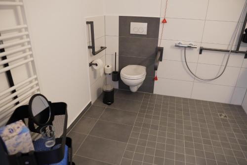ISA Rheinquartier - Moderne und barrierefreie Ferienapartments في لانشتاين: حمام صغير مع مرحاض ودش