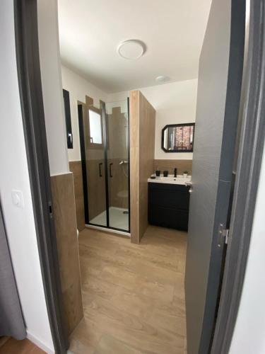 une salle de bain avec une douche, un lavabo et un miroir dans l'établissement GITE Mourèzeva, à Mourèze