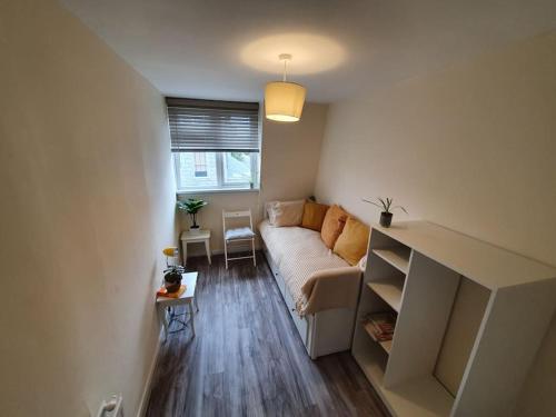 a living room with a couch and a table at Lovely, comfortable and bright 3 bedroom top floor flat in City Centre in Aberdeen
