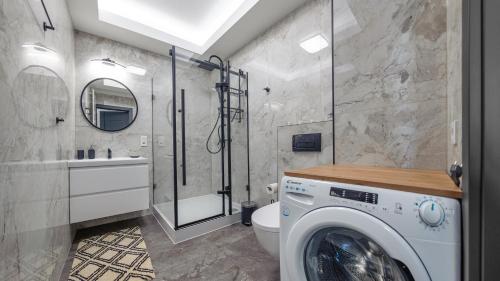 a washing machine in a bathroom with a shower at Kaszubska Bryza ll, Sun & Snow in Hel