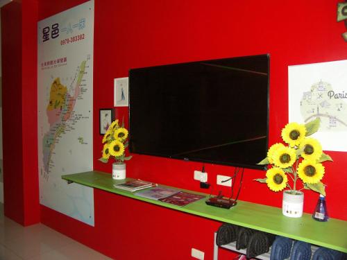 台東市的住宿－星邑旅宿(一人一床套房)，架子上鲜花盛开的红色墙壁上的电视