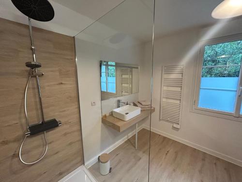 a bathroom with a sink and a glass shower at Le Clos des Lilas in Graves