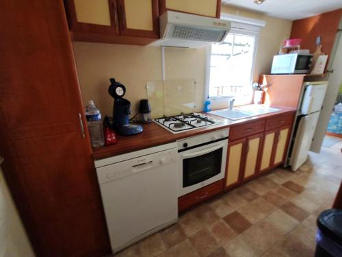 une cuisine avec une cuisinière blanche four supérieur à côté d'un évier dans l'établissement Bungalow au milieu de la nature, à Junas