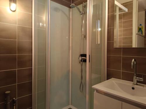 une douche avec une porte vitrée à côté d'un lavabo dans l'établissement Le perchoir des fées, à Saint-Gervais-les-Bains