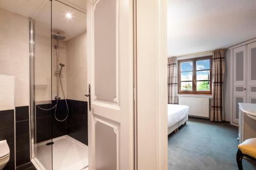 y baño con ducha, aseo y lavamanos. en Hôtel Restaurant Relais De La Poste - Strasbourg Nord, en La Wantzenau