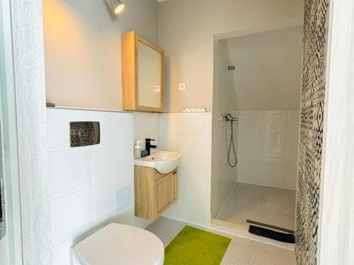 a bathroom with a toilet and a sink and a shower at Willa Przystań in Jastarnia