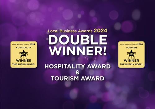 a poster for a double winnerhospitality award and tourism award at Ruskin Hotel in Blackpool
