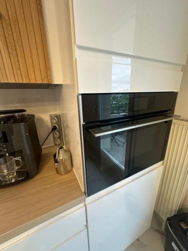 un four micro-ondes installé au-dessus d'un comptoir de cuisine dans l'établissement Très beau trois pièces avec vue dégagée, à Strasbourg