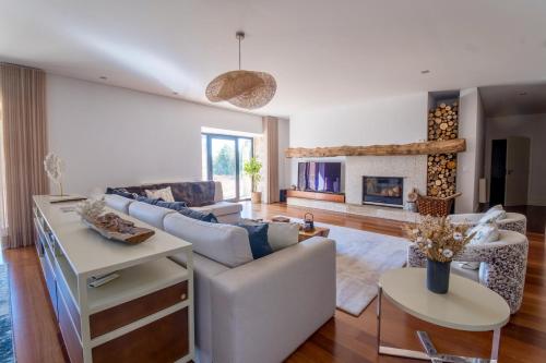 un soggiorno con divano e camino di Douro Luxury Farmhouse a Vila Real