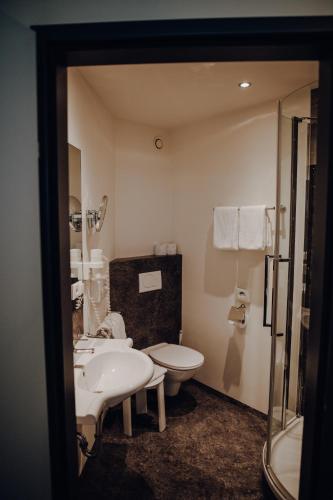 a bathroom with a sink and a toilet at Parkhotel Brunauer in Salzburg