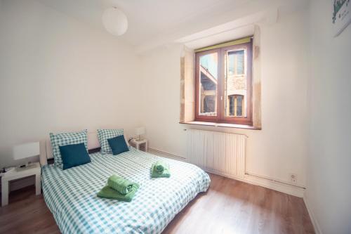 a bedroom with a bed and a window at Refuge Saint-Amour - Appt pour 5 in Saint-Amour