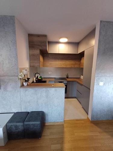 a kitchen with a couch in the middle of a room at Apartman ARISTEA in Arandjelovac