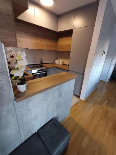 a kitchen with a counter with a vase of flowers at Apartman ARISTEA in Arandjelovac