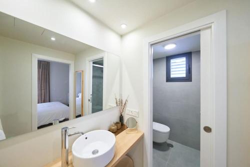 La salle de bains est pourvue d'un lavabo, de toilettes et d'un miroir. dans l'établissement aguarosa, à San José