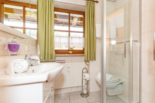 ein Bad mit einem Waschbecken, einem WC und einem Fenster in der Unterkunft Ferienwohnung Froböse in Reit im Winkl