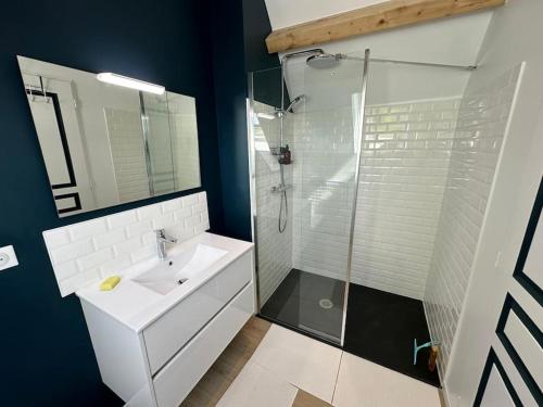 une salle de bain avec un lavabo et une douche en verre dans l'établissement La Petite Bergerie 3 etoiles, à Dampsmesnil