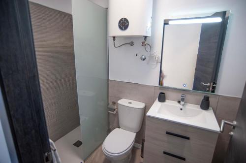 a bathroom with a toilet and a sink and a mirror at Villa Nahuel in Santa Cruz de Tenerife