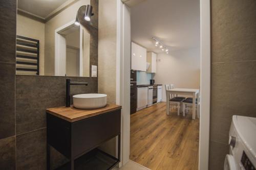 a bathroom with a sink and a counter with a mirror at Apartamenty przy Dworku in Człuchów