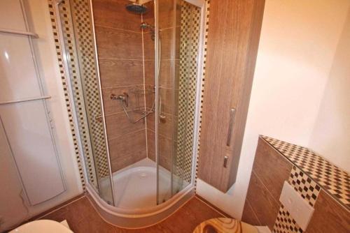 a shower with a glass door in a bathroom at Alte Schmiede in Melzow