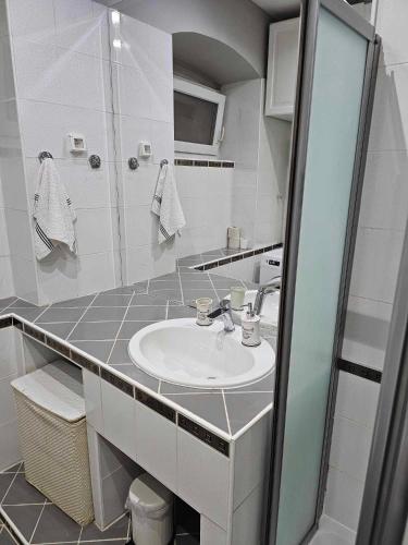 ein weißes Bad mit einem Waschbecken und einer Dusche in der Unterkunft Blue sea in Pula