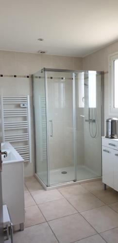 une salle de bain avec une douche avec une porte vitrée dans l'établissement Appt T1 meublé-Juan les Pins-Logt6, à Antibes