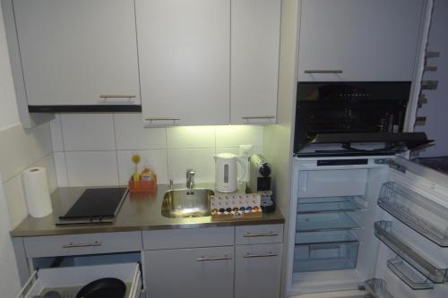 una piccola cucina con armadi bianchi e piano di lavoro di Aare Studio 2 a Interlaken
