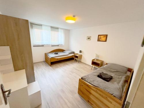 - une chambre avec un lit et un bureau dans l'établissement Nice Apartment in Düren, à Düren