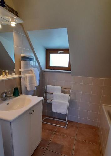 une salle de bain avec un lavabo et un miroir dans l'établissement Domaine de Mezeyrac - Laguiole, à Soulages-Bonneval