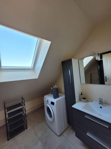 une salle de bain avec une machine à laver et un lavabo dans l'établissement Résidence Malouine 