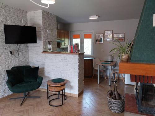a living room with a fireplace and a tv at Domek Chmiel I nad Jeziorem Tarnobrzeskim in Chmielów