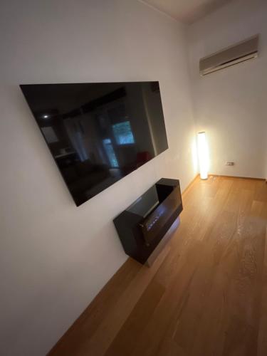 a living room with a large flat screen tv on a wall at Acquedotto the house in Rome