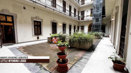 a courtyard of a building with potted plants at Little Americas Wyoming Lodge Apartment in Budapest