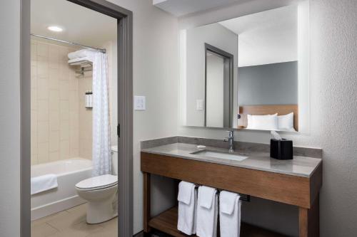 Hyatt Place Nashville/Hendersonville في هينديرسونفيل: حمام مع حوض ومرحاض ومرآة